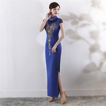 Load image into Gallery viewer, Illusion Neck Satin Cheongsam Evening Dress with Embroidery Appliques
