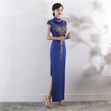 Load image into Gallery viewer, Illusion Neck Satin Cheongsam Evening Dress with Embroidery Appliques
