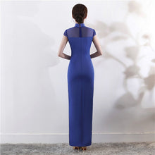 Load image into Gallery viewer, Illusion Neck Satin Cheongsam Evening Dress with Embroidery Appliques
