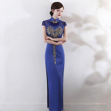 Load image into Gallery viewer, Illusion Neck Satin Cheongsam Evening Dress with Embroidery Appliques
