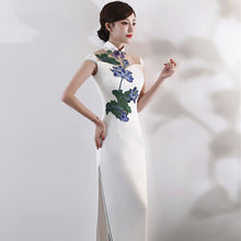 Load image into Gallery viewer, Lotus Embroidery Appliques Illusion Neck Cheongsam Evening Dress
