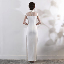 Load image into Gallery viewer, Lotus Embroidery Appliques Illusion Neck Cheongsam Evening Dress
