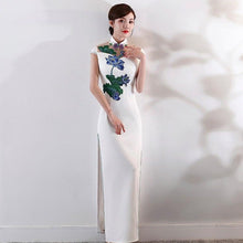 Load image into Gallery viewer, Lotus Embroidery Appliques Illusion Neck Cheongsam Evening Dress
