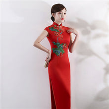 Load image into Gallery viewer, Lotus Embroidery Appliques Illusion Neck Cheongsam Evening Dress
