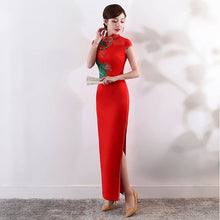 Load image into Gallery viewer, Lotus Embroidery Appliques Illusion Neck Cheongsam Evening Dress
