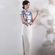 Load image into Gallery viewer, Floral Embroidery Mandarin Collar Full Length Cheongsam Evening Dress
