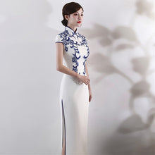 Load image into Gallery viewer, Floral Embroidery Mandarin Collar Full Length Cheongsam Evening Dress
