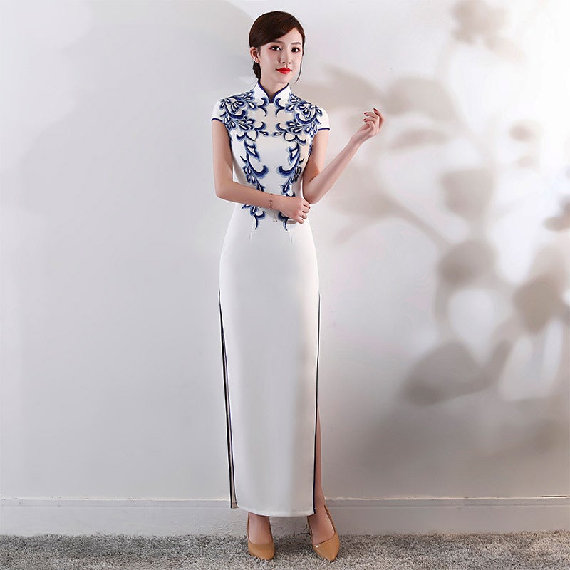 Floral Embroidery Mandarin Collar Full Length Cheongsam Evening Dress