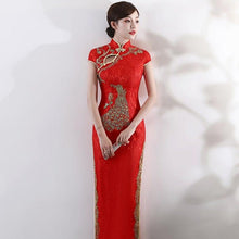 Load image into Gallery viewer, Peacock Sequins &amp; Embroidery Lace Cheongsam Evening Dress
