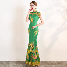 Load image into Gallery viewer, Floral Embroidery Lace Full Length Mermaid Cheongsam Evening Dress
