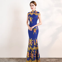 Load image into Gallery viewer, Floral Embroidery Lace Full Length Mermaid Cheongsam Evening Dress
