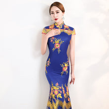 Load image into Gallery viewer, Floral Embroidery Lace Full Length Mermaid Cheongsam Evening Dress
