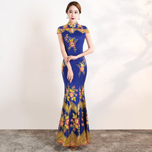 Load image into Gallery viewer, Floral Embroidery Lace Full Length Mermaid Cheongsam Evening Dress
