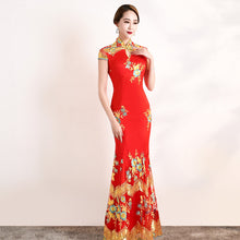 Load image into Gallery viewer, Floral Embroidery Lace Full Length Mermaid Cheongsam Evening Dress
