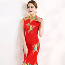 Load image into Gallery viewer, Floral Embroidery Lace Full Length Mermaid Cheongsam Evening Dress
