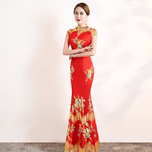 Load image into Gallery viewer, Floral Embroidery Lace Full Length Mermaid Cheongsam Evening Dress
