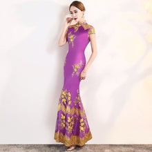 Load image into Gallery viewer, Floral Embroidery Lace Full Length Mermaid Cheongsam Evening Dress
