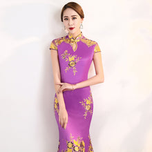 Load image into Gallery viewer, Floral Embroidery Lace Full Length Mermaid Cheongsam Evening Dress
