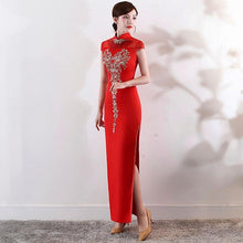 Load image into Gallery viewer, Illusion Neck Satin Cheongsam Evening Dress with Embroidery Appliques
