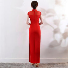 Load image into Gallery viewer, Illusion Neck Satin Cheongsam Evening Dress with Embroidery Appliques
