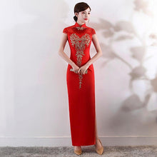 Load image into Gallery viewer, Illusion Neck Satin Cheongsam Evening Dress with Embroidery Appliques
