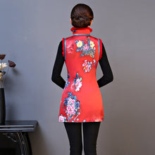 Muatkan imej ke dalam penonton Galeri, Fur Collar &amp; Edge Floral Chinese Style Wadded Waistcoat Vest
