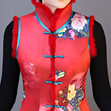 Muatkan imej ke dalam penonton Galeri, Fur Collar &amp; Edge Floral Chinese Style Wadded Waistcoat Vest
