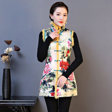 Muatkan imej ke dalam penonton Galeri, Fur Collar &amp; Edge Floral Chinese Style Wadded Waistcoat Vest
