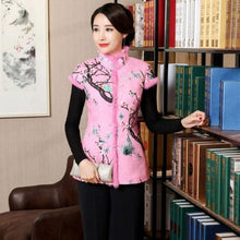 Muatkan imej ke dalam penonton Galeri, Stand Collar &amp; Fur Edge Floral Chinese Style Wadded Waistcoat Vest
