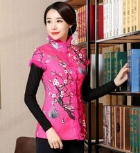 Load image into Gallery viewer, Stand Collar &amp; Fur Edge Floral Chinese Style Wadded Waistcoat Vest
