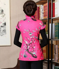 Load image into Gallery viewer, Stand Collar &amp; Fur Edge Floral Chinese Style Wadded Waistcoat Vest
