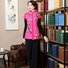 Load image into Gallery viewer, Stand Collar &amp; Fur Edge Floral Chinese Style Wadded Waistcoat Vest
