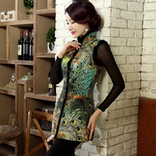 Muatkan imej ke dalam penonton Galeri, Peacock Feather Pattern Fur Collar &amp; Edge Chinese Style Wadded Waistcoat Vest
