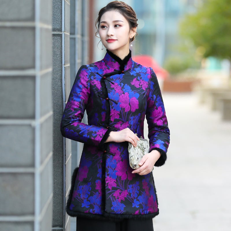 Fur Collar & Cuff Floral Brocade Chinese Style Women's Wadded Jacket