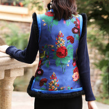 Muatkan imej ke dalam penonton Galeri, Floral Brocade Fur Collar &amp; Edge Traditional Chinese Wadded Waistcoat Vest
