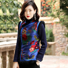 Muatkan imej ke dalam penonton Galeri, Floral Brocade Fur Collar &amp; Edge Traditional Chinese Wadded Waistcoat Vest
