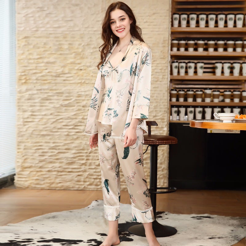 Long Sleeve 3-pieces Floral Silk Blend Loungewear Nightwear