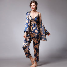 Load image into Gallery viewer, 3-pieces Floral Silk Blend Loungewear Pajamas Bathrobe
