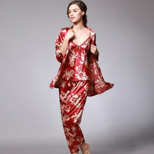 Load image into Gallery viewer, 3-pieces Floral Silk Blend Loungewear Pajamas Bathrobe
