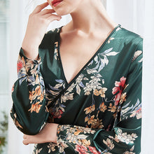 Load image into Gallery viewer, Deep V Neck Long Sleeve Floral Silk Kimono Yukata Sleepwear
