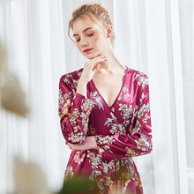 Load image into Gallery viewer, Deep V Neck Long Sleeve Floral Silk Kimono Yukata Sleepwear
