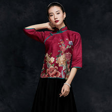 Load image into Gallery viewer, Mandarin Collar Half Sleeve Cheongsam Top Floral Chinese Shirt
