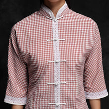 Muatkan imej ke dalam penonton Galeri, Half Sleeve Mandarin Collar Checks Pattern Traditional Chinese Shirt
