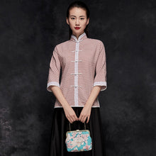 Muatkan imej ke dalam penonton Galeri, Half Sleeve Mandarin Collar Checks Pattern Traditional Chinese Shirt
