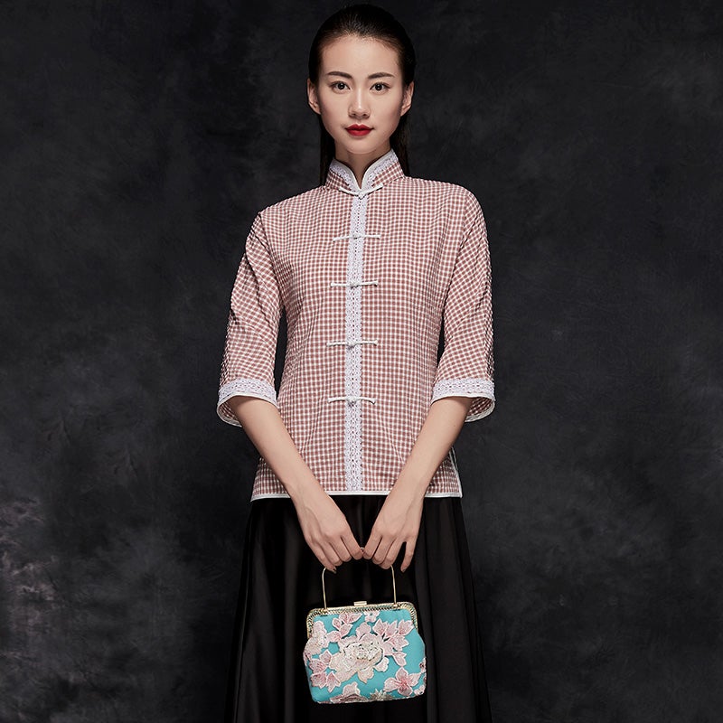 Half Sleeve Mandarin Collar Checks Pattern Traditional Chinese Shirt