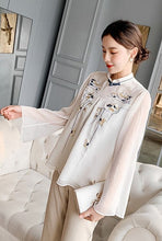 Muatkan imej ke dalam penonton Galeri, Floral Embroidery Illusion Neck &amp; Sleeve Chinese Style Blouse
