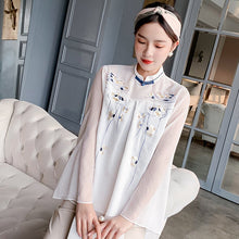 Muatkan imej ke dalam penonton Galeri, Floral Embroidery Illusion Neck &amp; Sleeve Chinese Style Blouse
