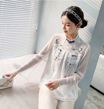 Muatkan imej ke dalam penonton Galeri, Floral Embroidery Illusion Neck &amp; Sleeve Chinese Style Blouse
