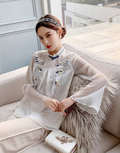 Muatkan imej ke dalam penonton Galeri, Floral Embroidery Illusion Neck &amp; Sleeve Chinese Style Blouse
