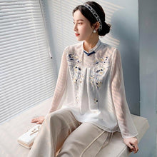 Muatkan imej ke dalam penonton Galeri, Floral Embroidery Illusion Neck &amp; Sleeve Chinese Style Blouse
